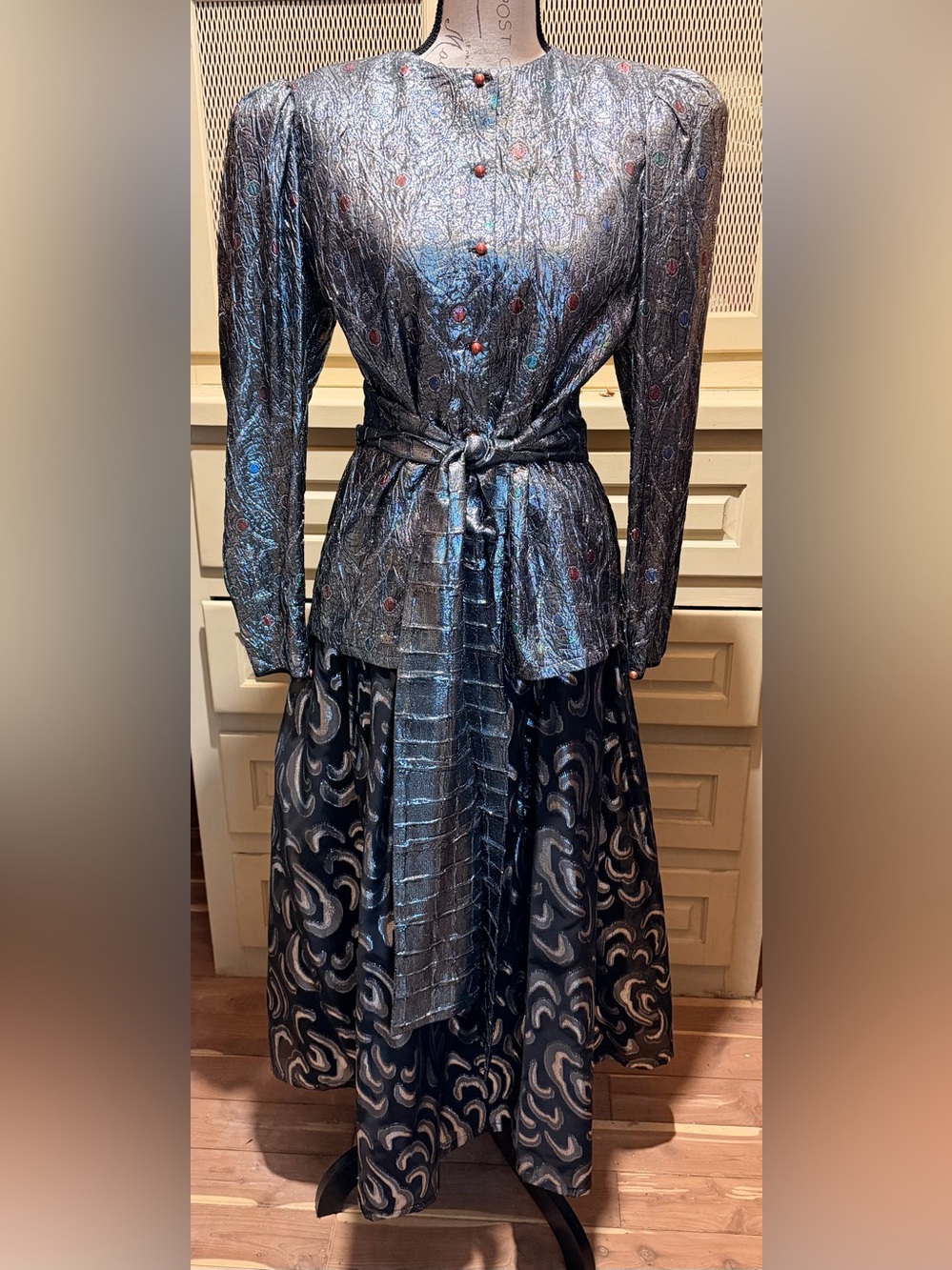 NWT VTG Maggie Shepherd 3Pc Metallic Jewel Tunic & Maxi Skirt Set